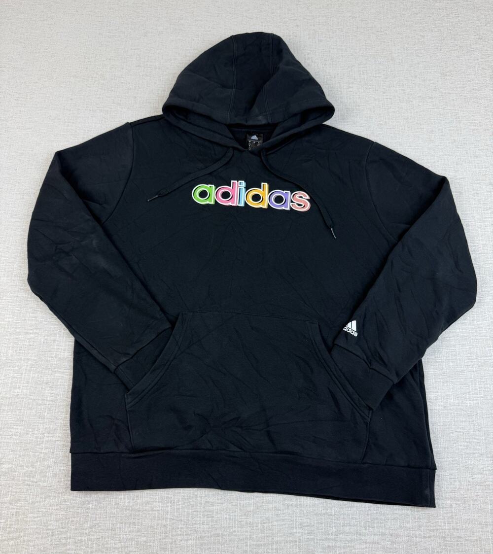 Adidas Men’s XL Black Pullover Hoodie Multicolor Spellout Logo Sweatshirt